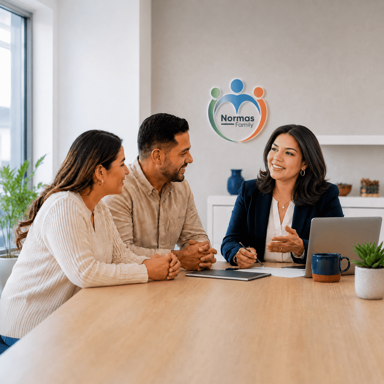 A family being helped by a Normas Family advisor in the office