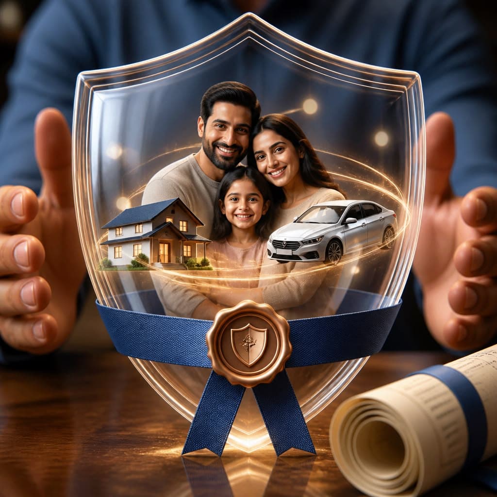 Hands holding a protective shield with a smiling family, a house, and a car inside
