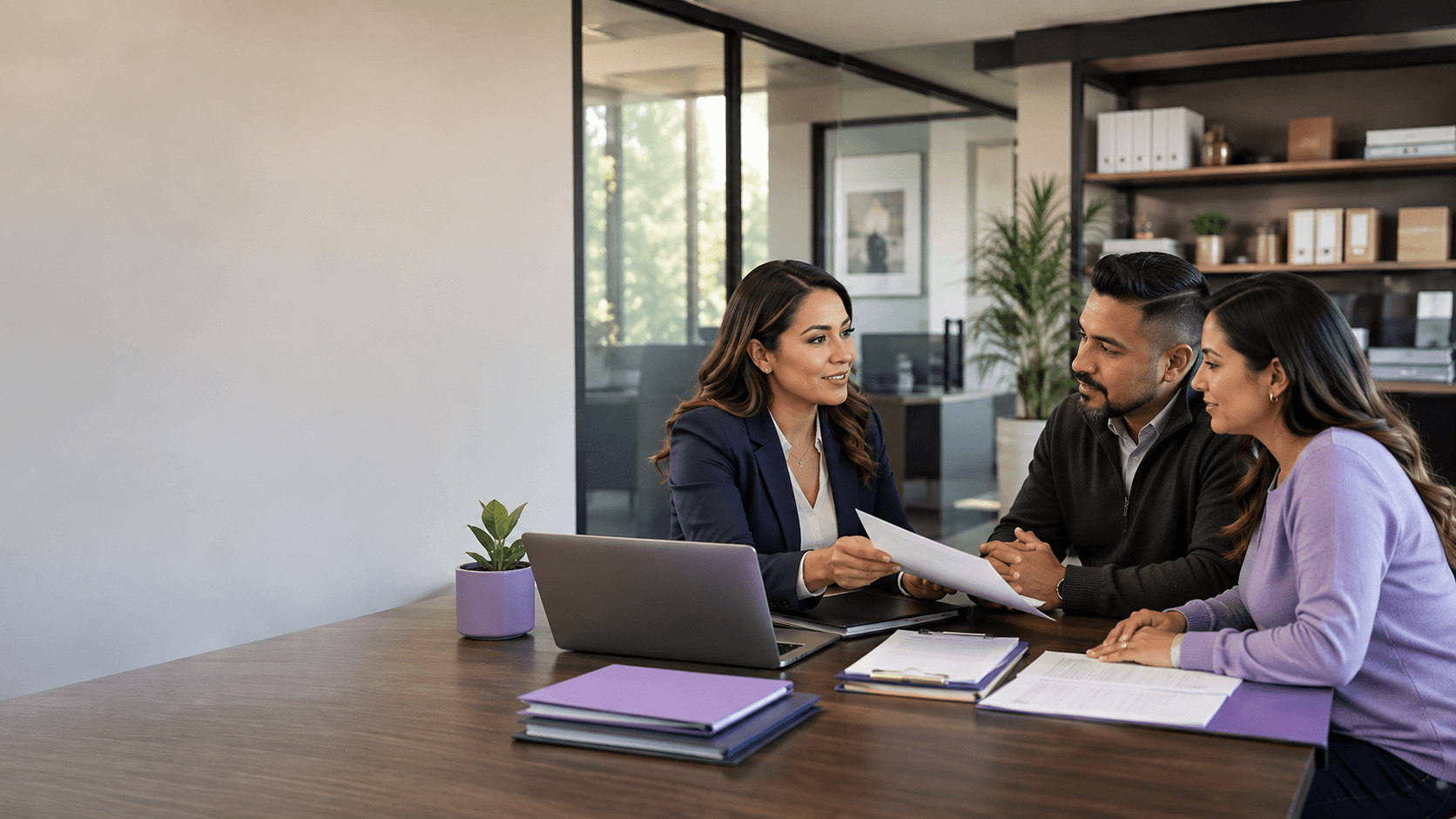 A small business owner getting help from a Normas Family professional in a modern office